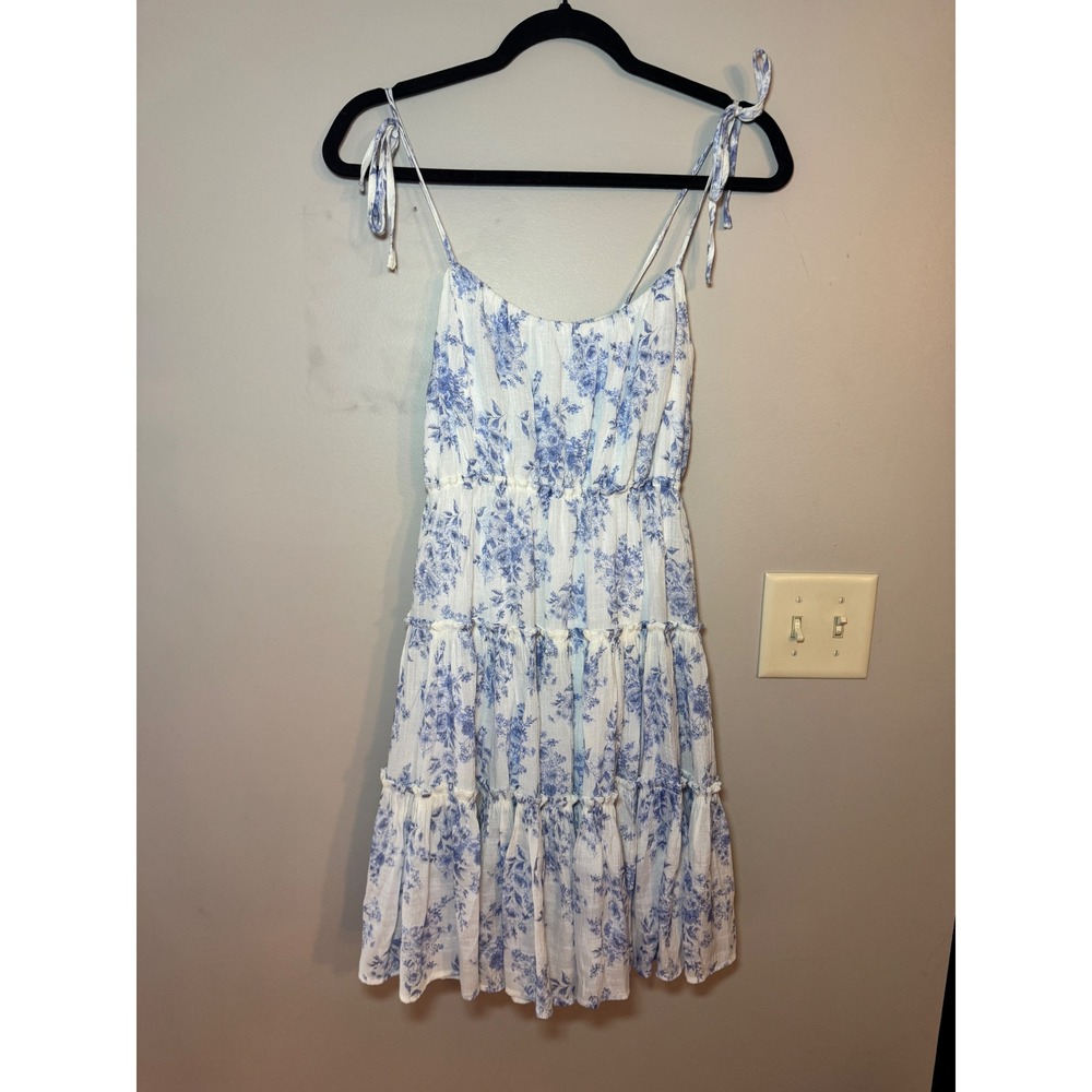 Altr'd State Blue White Floral Tiered Mini Dress Tie Shoulder Sun Dress Small